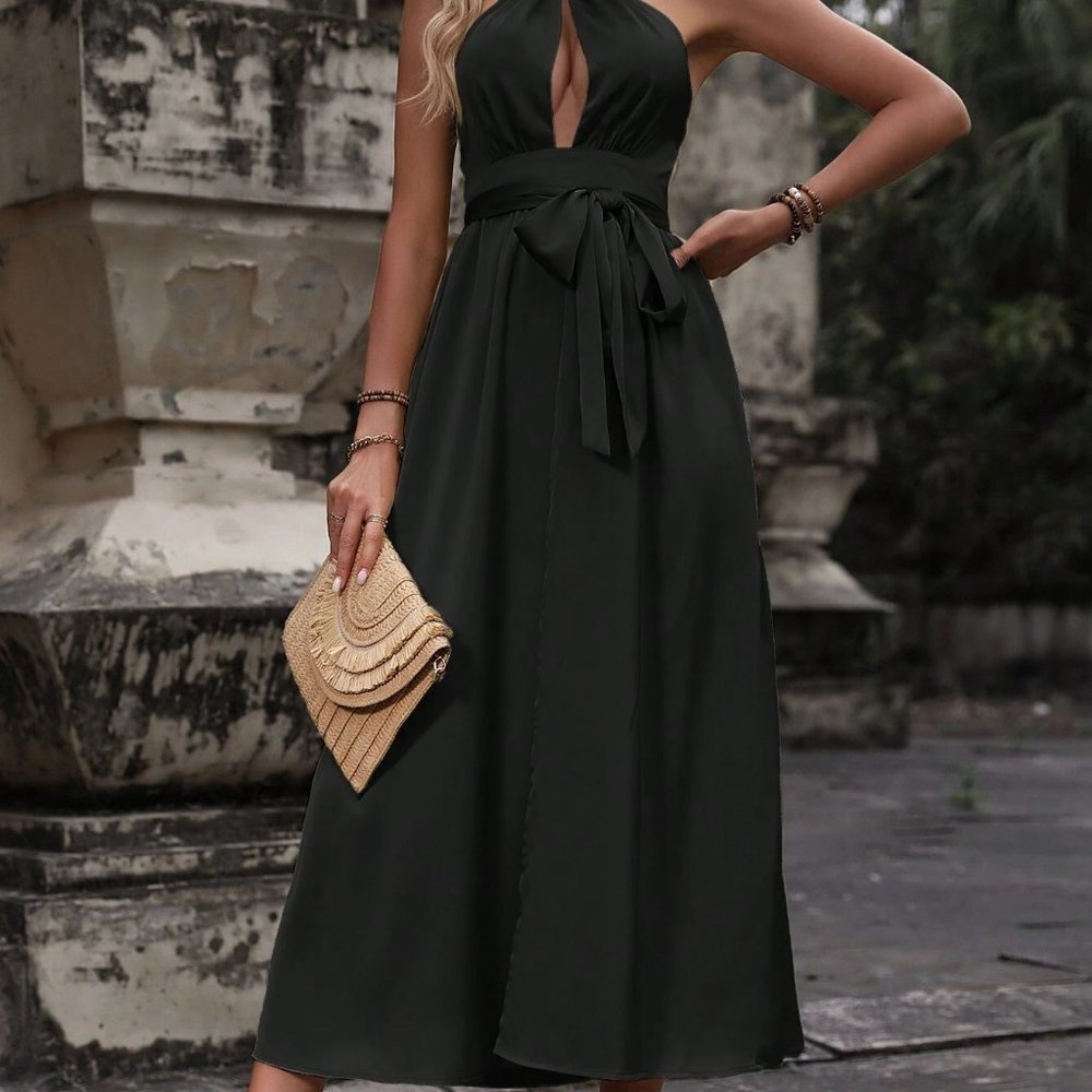 Cut Out Tie Backless Wrap Hem Satin Halter Dress black - Picture 5 of 5